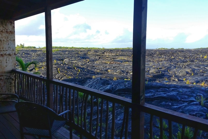 Airbnb in Puna Hawaii, in kalapana. balcony with lava field views. where to see lava fields in hawaii. Where to stay on the Big Island. Hawaii travel blog