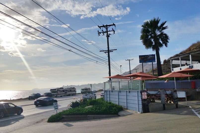 One day trip to Malibu without a car. Best places to eat in Malibu on PCH in one day itinerary - Malibu seafood oceanfront restaurant on Pacific Coast Highway PCH. from Los Angeles LA Santa Monica. California travel blog