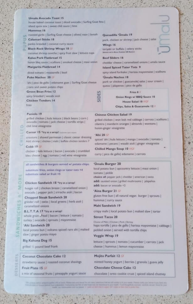 Food menu at Grotto Bar Hyatt Regency Maui. cost of food in maui. umalu menu. Hawaii travel blog