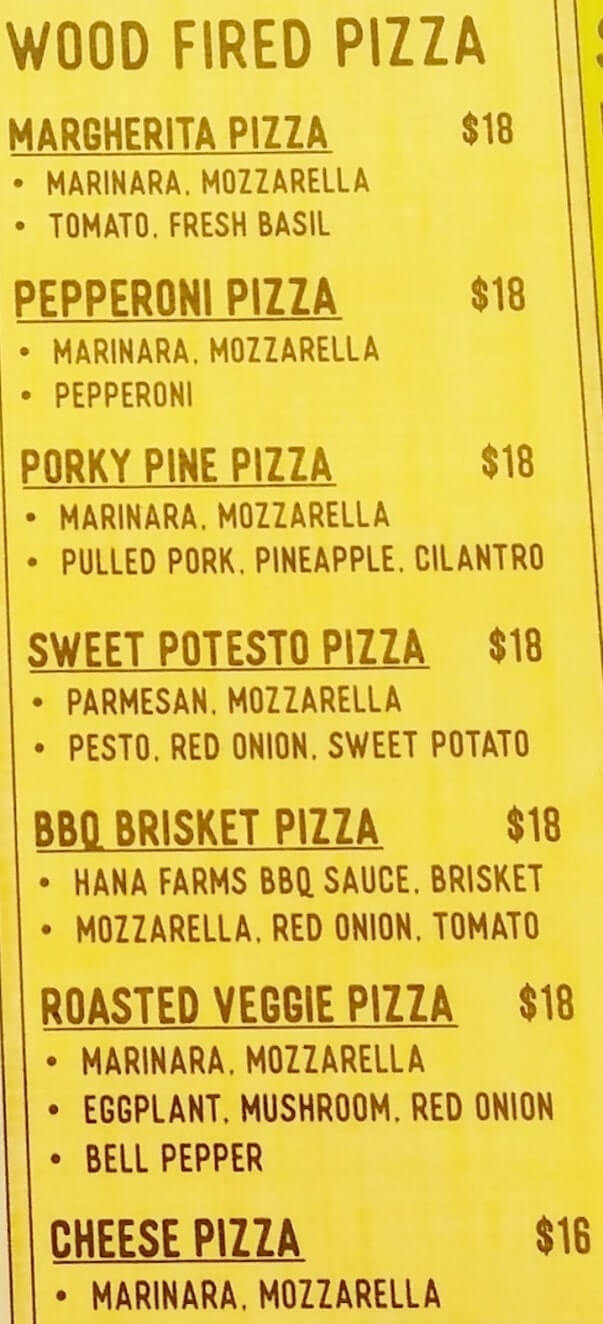 Menu Hana Farms local food restaurant, farm and grill. pizza. bbq. Cost of food on Road to Hana, in Maui Hawaii. Road to Hana food stops. Maui Hawaii travel blog.