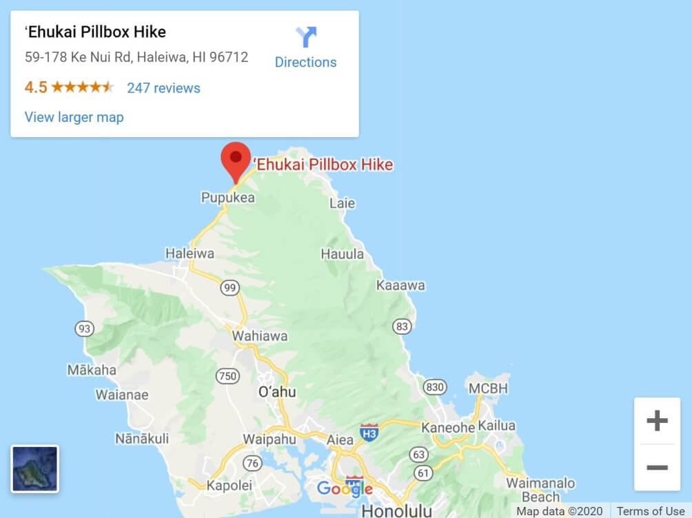 Map of best Oahu hikes: North Shore Ehukai pillbox hike map with reviews. Oahu Hawaii travel blog