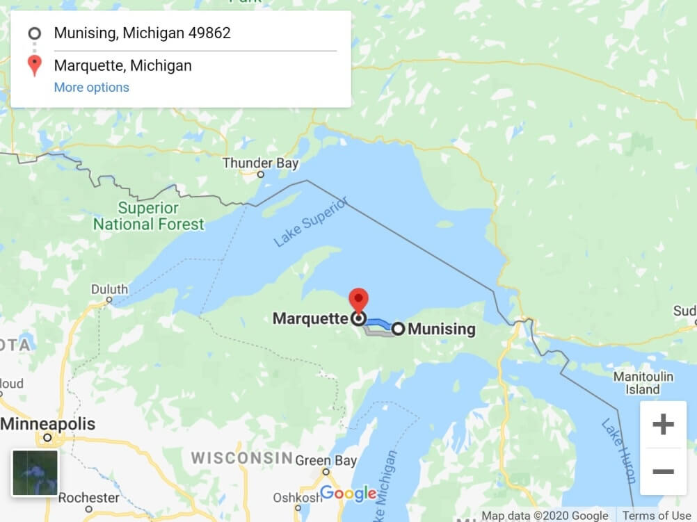 Munising to Marquette drive, map. Lake Superior circle tour, Upper peninsula UP road trip. Michigan travel blog