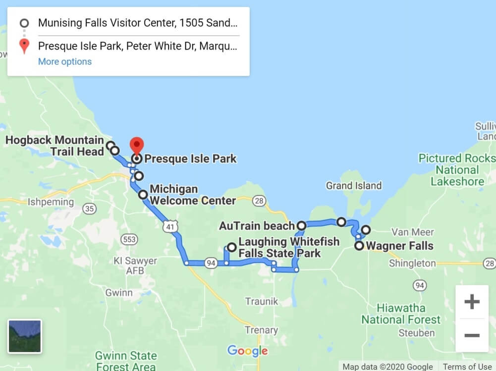 Munising to Marquette drive, map. time. stops. things to do. Upper peninsula UP road trip. Michigan travel blog