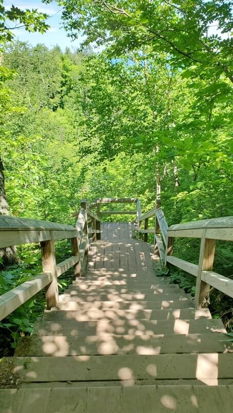 Sable Falls Trail boardwalk stairs hiking to waterfalls. forest waterfall hike in Pictured Rocks. UP Michigan travel blog