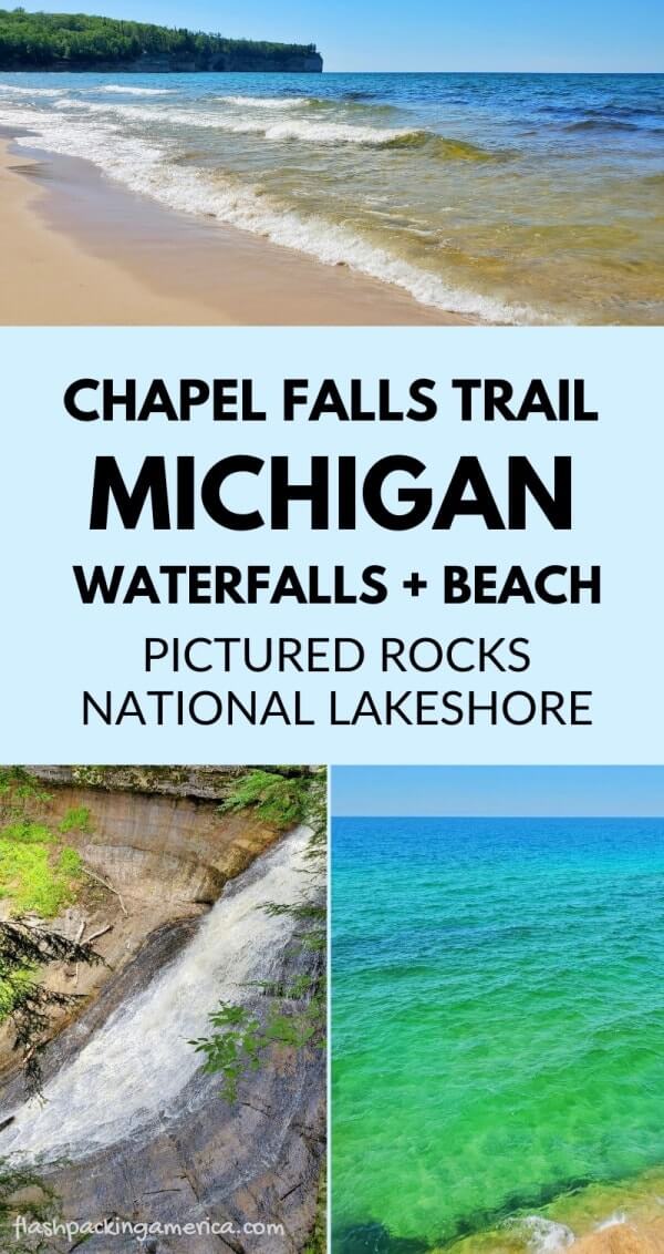 Hiking Chapel Falls Trail to waterfalls and beach. Pictured Rocks waterfalls in Upper Peninsula. UP Michigan travel blog