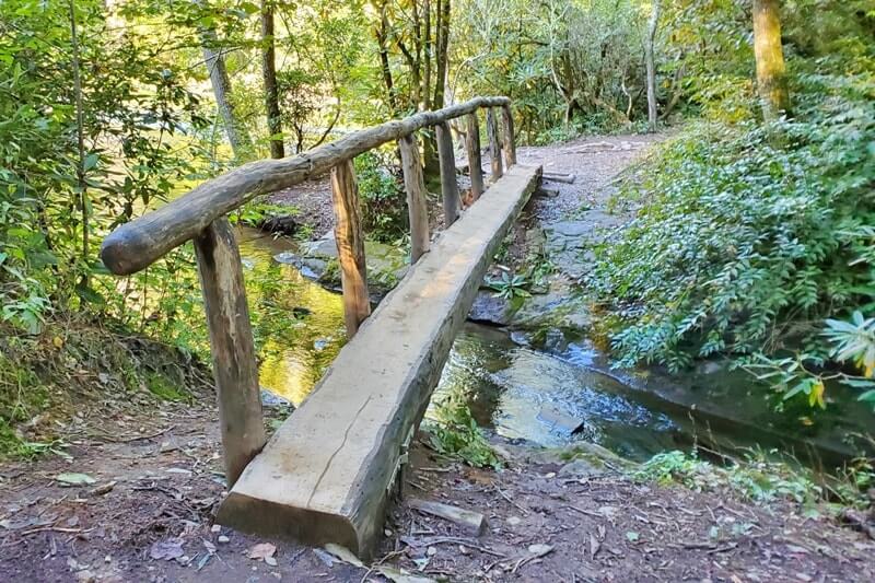 Best hike in Cades Cove: Abrams Falls hiking trail in the Smoky Mountains. log bridge, river stream crossing, great views. Smokies travel blog