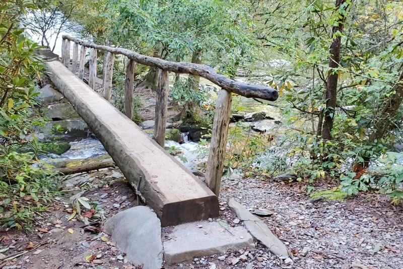 Best hike in Cades Cove: Abrams Falls hiking trail in the Smoky Mountains. log bridge, river stream crossing, great views. Smokies travel blog