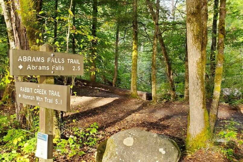The start of Abrams Falls hiking trail: Best Cades Cove hike in Smoky Mountains. forest hike in Tennessee TN. Smokies travel blog