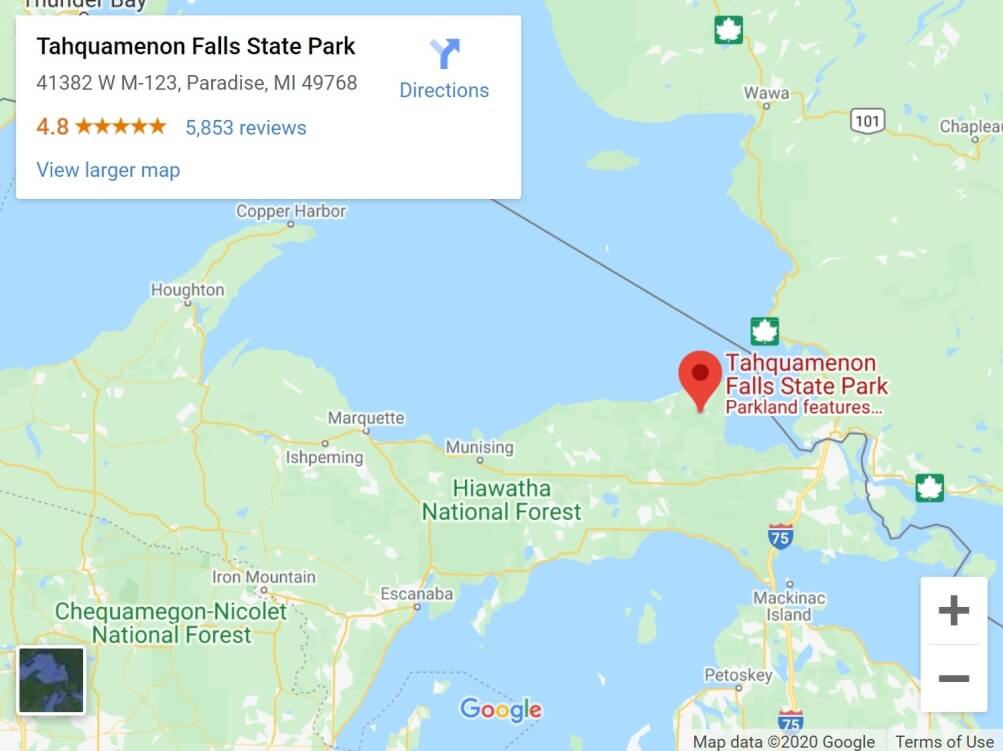 Map of Tahquamenon falls state park. location in eastern upper peninsula. up michigan travel blog