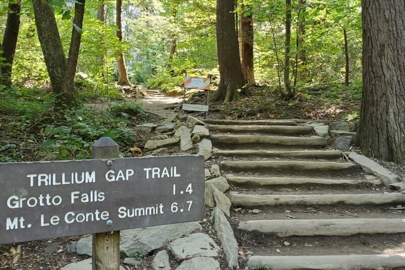 Hiking trail to waterfalls in Great Smoky Mountains National Park: Grotto Falls Trail. Best waterfall hikes in the Smoky Mountains in Tennessee TN. Smokies travel blog