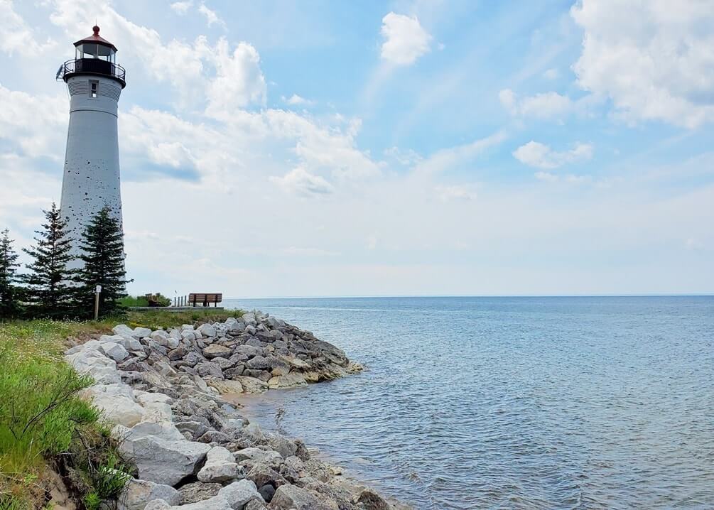 Crisp Point Lighthouse. Lake Superior lighthouse in Upper Peninsula. Michigan lighthouse. UP michigan travel blog
