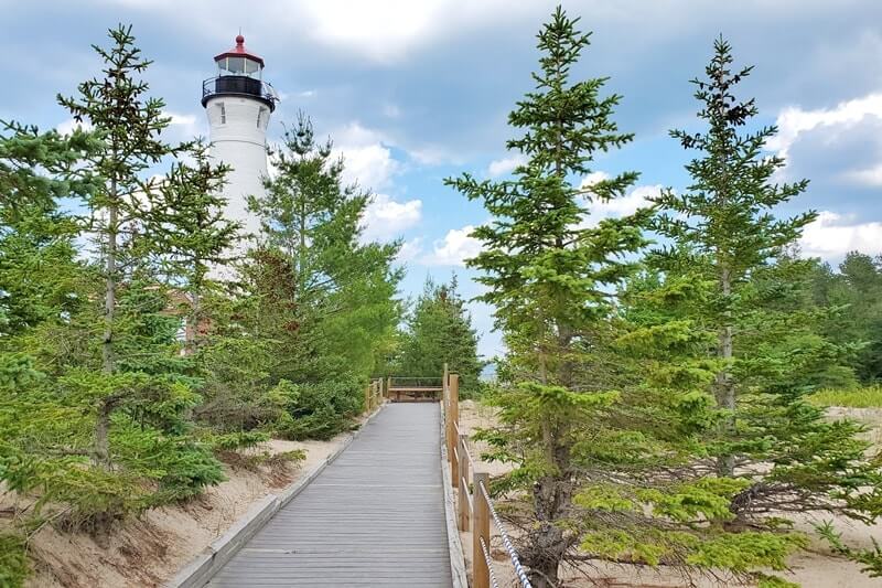 Trail to Crisp Point Lighthouse. Lake Superior lighthouse in Upper Peninsula. Michigan lighthouse. UP michigan travel blog