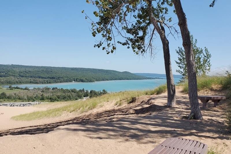 Best stops on Pierce Stocking Scenic Drive: dune climb bench overlook on the Cottonwood Trail. stop #4. michigan travel blog