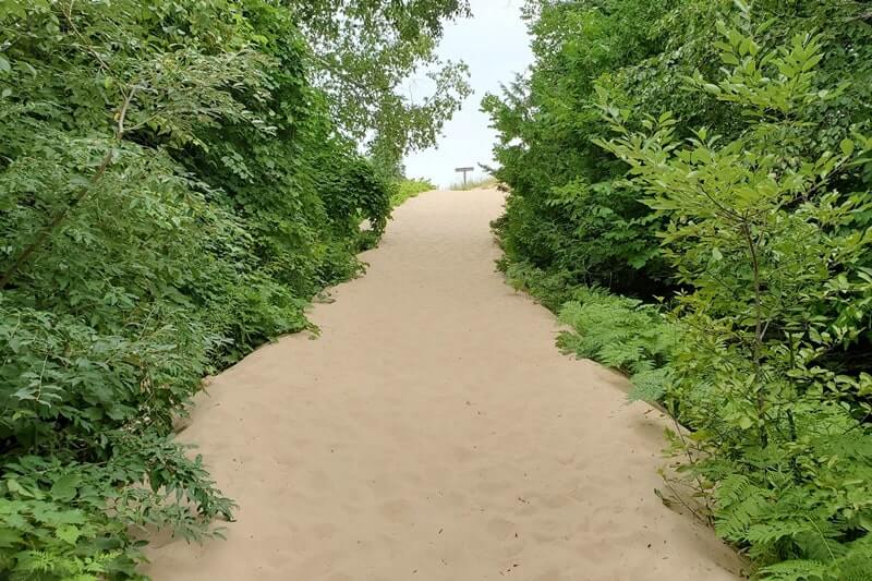 Beach trail to Sleeping Bear Point beach, Lake Michigan beach. michigan travel blog