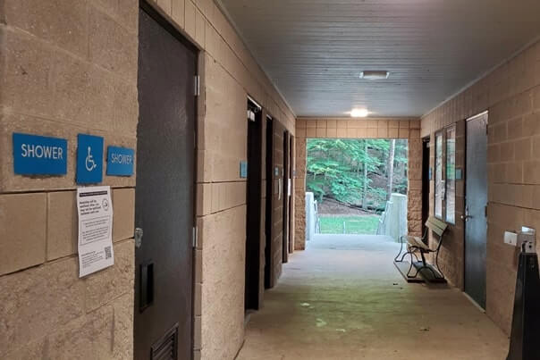 modern bathrooms and showers, Muskegon State Park camping, Lake Michigan campground. michigan travel blog