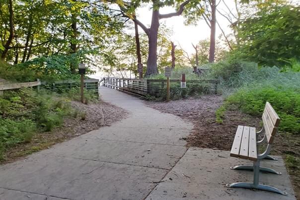 Path to Lake Michigan overlook. Muskegon State Park camping, Lake Michigan campground, path to campers beach at Lake Michigan. michigan travel blog