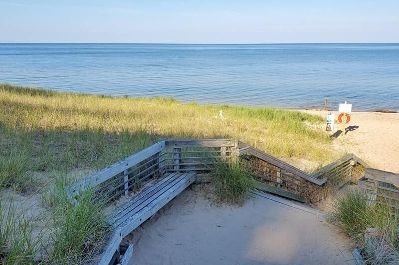 Stairs to beach. Lake Michigan overlook. Lake Michigan beach access. Muskegon State Park camping, Lake Michigan campground. michigan travel blog