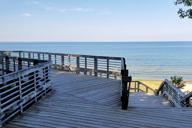 Stairs to beach. Lake Michigan overlook. Lake Michigan beach access. Muskegon State Park camping, Lake Michigan campground. michigan travel blog
