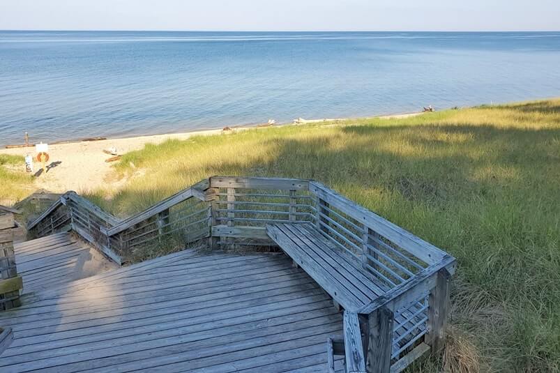 Stairs to beach. Lake Michigan overlook. Lake Michigan beach access. Muskegon State Park camping, Lake Michigan campground. michigan travel blog