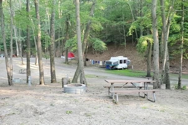trailer RV camping in Muskegon State Park, Lake Michigan campground. michigan travel blog