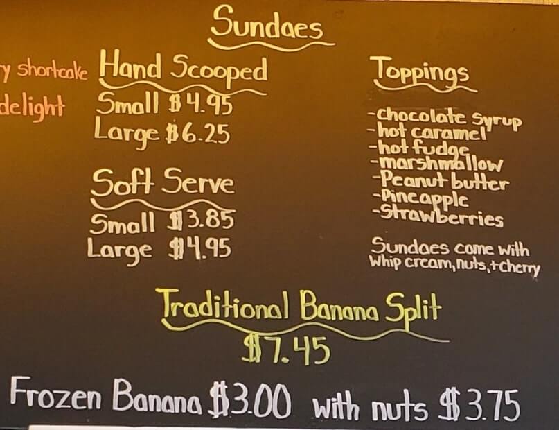ruth ann's ice cream menu. cost and prices. ice cream sundae. Muskegon ice cream shop. michigan travel blog