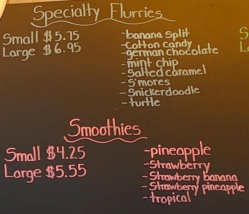 ruth ann's ice cream menu. cost and prices. ice cream flurry. ice cream smoothie. Muskegon ice cream shop. michigan travel blog