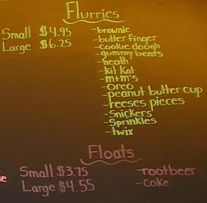 ruth ann's ice cream menu. cost and prices. ice cream flurry. flurries. ice cream float. Muskegon ice cream shop. michigan travel blog