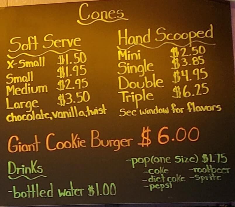 ruth ann's ice cream menu. cost and prices. ice cream cone. Muskegon ice cream shop. michigan travel blog