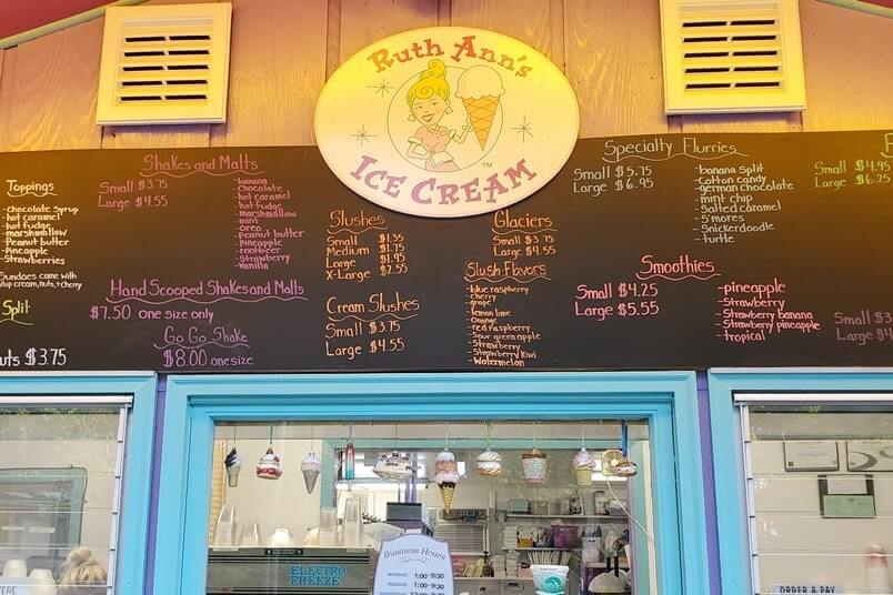 ruth ann's ice cream menu. cost and prices. Muskegon ice cream shop. michigan travel blog
