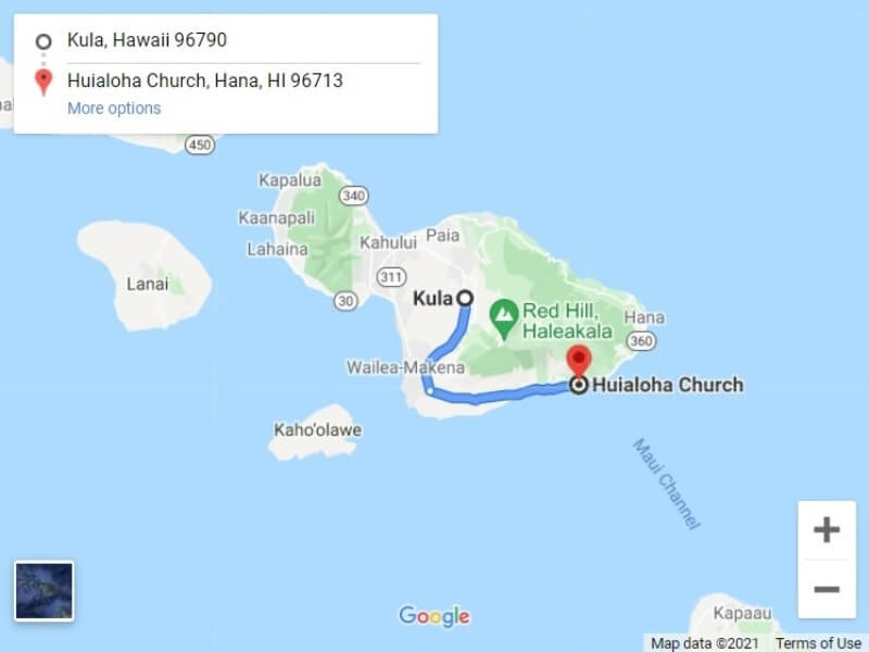 Map of back road to hana from kula to get to huialoha church. maui hawaii travel blog