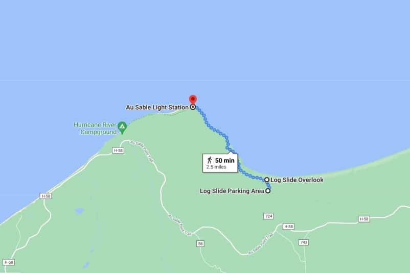 Pictured Rocks hiking map: au sable lighthouse hiking trail, north country trail in michigan along lake superior. hiking from log slide dunes. upper peninsula michigan travel blog