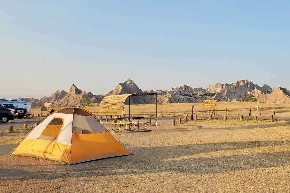 Cedar Pass campground: Best camping in Badlands National Park with views of South Dakota badlands. tent camping. rv camping. sd travel blog