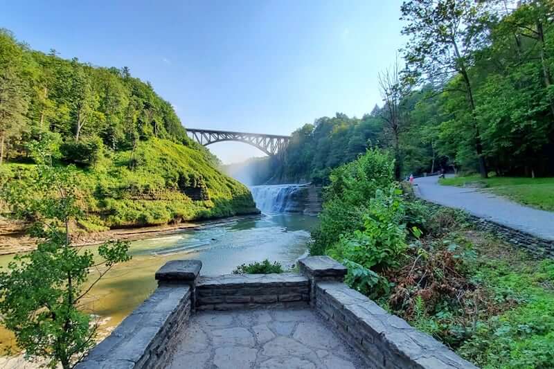Upper Falls overlook trail, letchworth state park.Upper Falls parking. Upper Falls trailhead. letchworth gorge trail. waterfalls under the bridge. new york travel blog