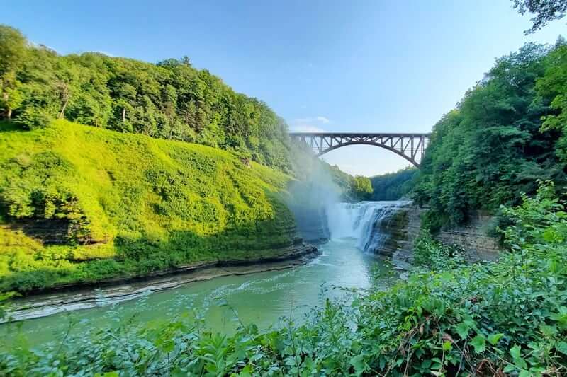 Upper Falls overlook trail, letchworth state park.Upper Falls parking. Upper Falls trailhead. letchworth gorge trail. waterfalls under the bridge. new york travel blog
