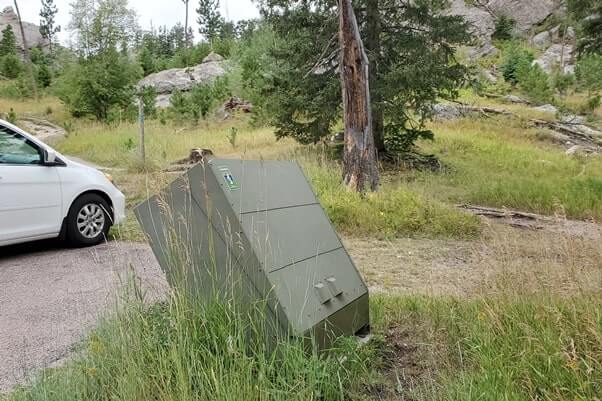 trash can near Little Devils Tower Trailhead parking. south dakota travel blog