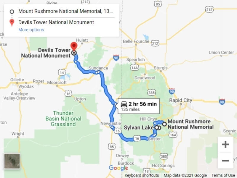 Map of driving route from Mount Rushmore to Devils Tower: Driving through Needles Highway, Custer State Park, Black Hills. South Dakota to Wyoming road trip.
