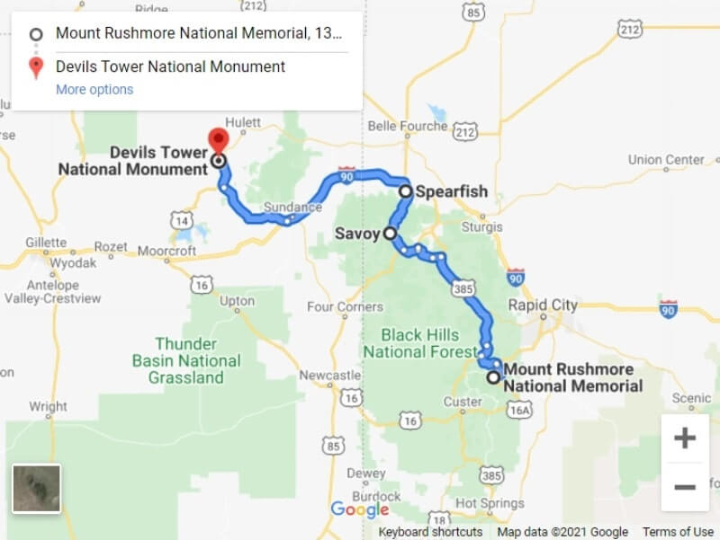 Map of driving route from Mount Rushmore to Devils Tower: Driving through Spearfish Canyon, Black Hills. South Dakota to Wyoming road trip.