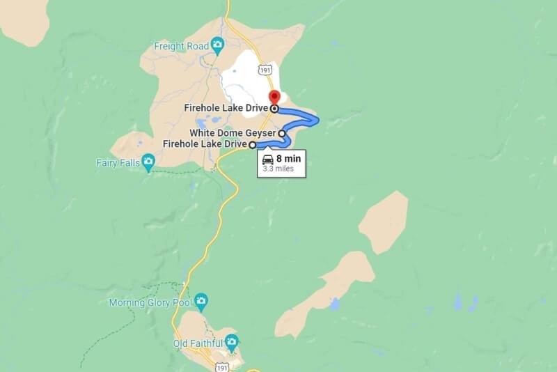 white dome geyser in Yellowstone National Park map. Yellowstone grand loop road, geysers in Yellowstone. wyoming travel blog