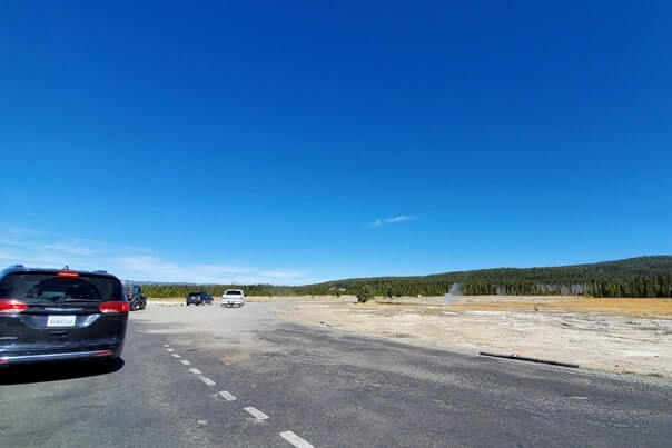 white dome geyser parking. Driving Firehole Lake Drive to great fountain geyser. yellowstone wyoming travel blog