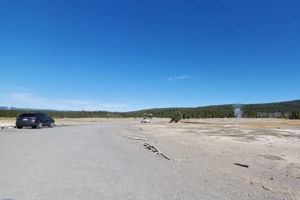 white dome geyser parking. Driving Firehole Lake Drive to great fountain geyser. yellowstone wyoming travel blog