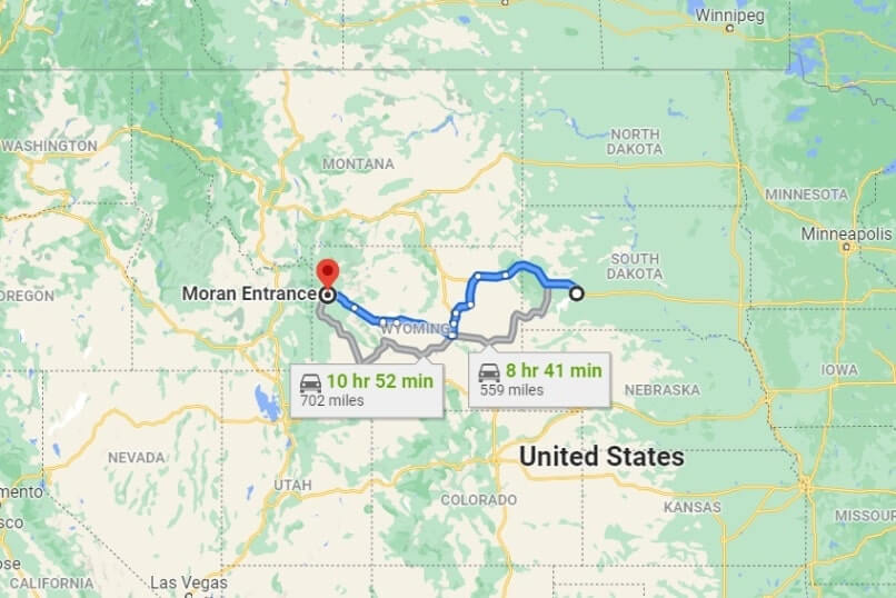 Map of driving route from Badlands National Park to Grand Teton National Park road trip. what is on the way from badlands national park to grand teton national park. badlands to grand teton. national park road trip to south dakota and wyoming.
