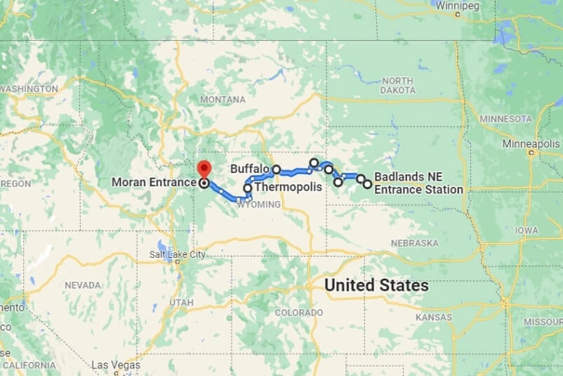 Map of driving route from Badlands National Park to Grand Teton National Park road trip. what is on the way from badlands national park to grand teton national park. badlands to grand teton. national park road trip to south dakota and wyoming.