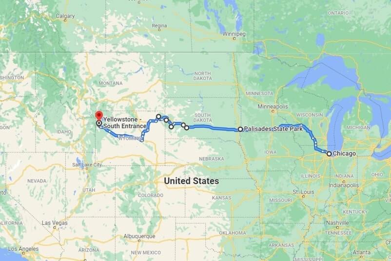 Map of driving route from Chicago to Yellowstone National Park road trip. Chicago to Yellowstone. chicago to wyoming road trip. chicago to wisconsin to minnesota to south dakota to wyoming.