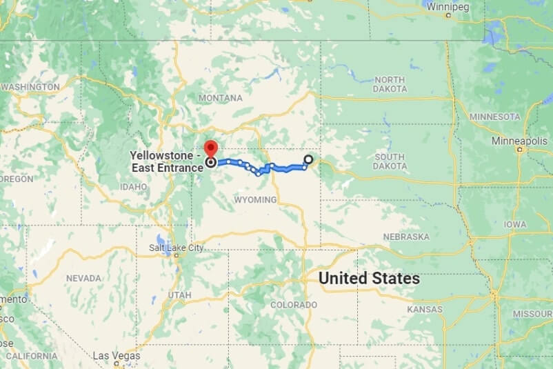 Map of driving route from Devils Tower to Yellowstone National Park road trip. Devils Tower to Yellowstone. wyoming road trip. wyoming travel blog