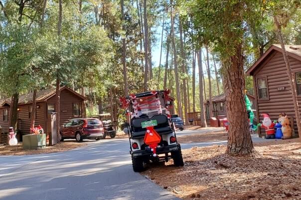 Fort Wilderness in December. Disney World in December. Disney World holiday activities. Fort Wilderness golf cart holiday decorations. florida travel blog