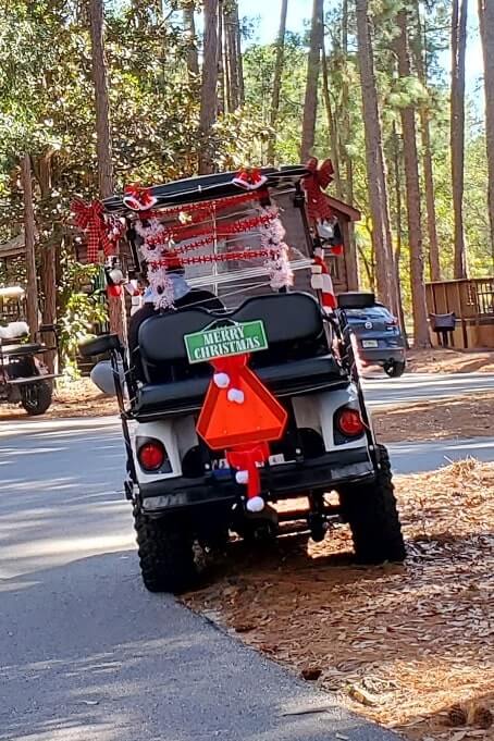 Fort Wilderness in December. Disney World in December. Disney World holiday activities. Fort Wilderness golf cart holiday decorations. florida travel blog