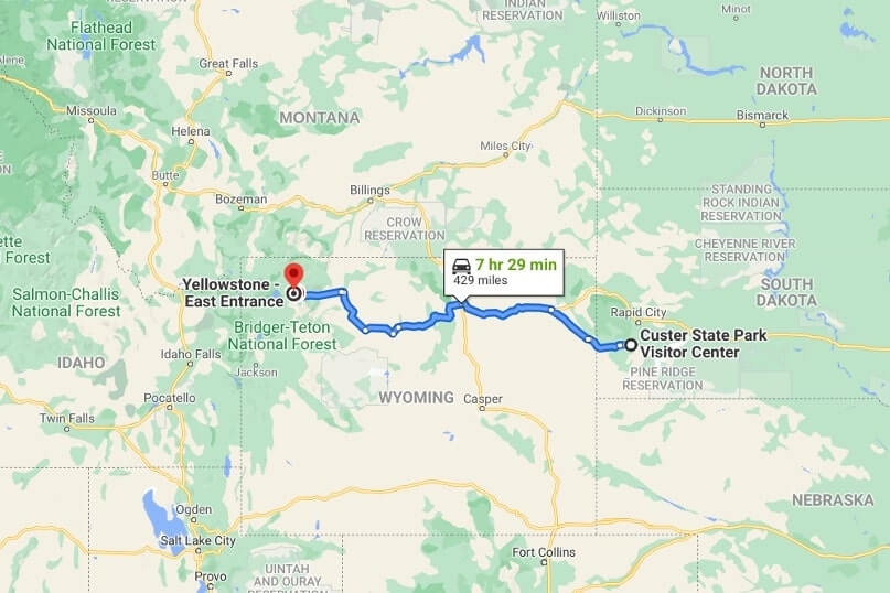 Map of driving route from custer state park to Yellowstone National Park road trip. custer state park to Yellowstone. south dakota to wyoming road trip. custer state park to yellowstone.