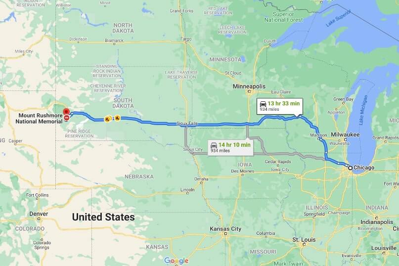 Map of driving route from chicago to mount rushmore road trip. chicago to south dakota road trip. what is on the way from chicago to mount rushmore. road trip america