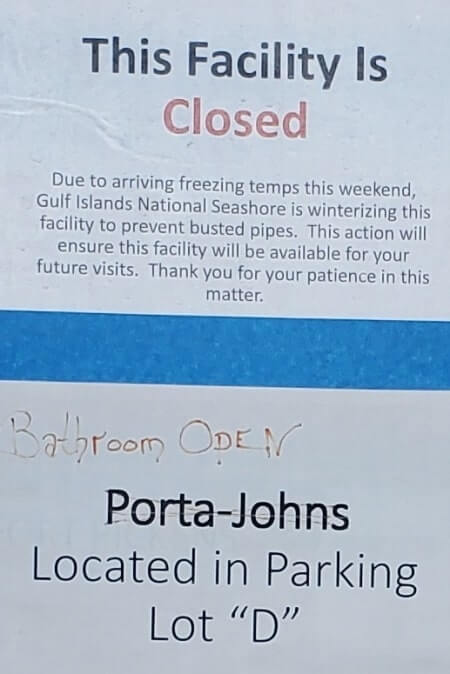 is Opal Beach open in winter? opal beach bathroom. Gulf Islands National Seashore, Santa Rosa day use area. florida travel blog