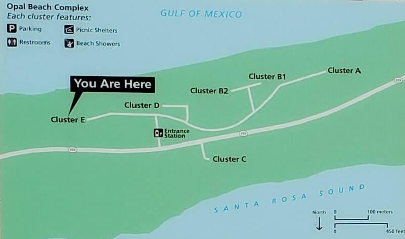 map of Opal Beach parking areas. map gulf islands national seashore florida, santa rosa area. florida travel blog